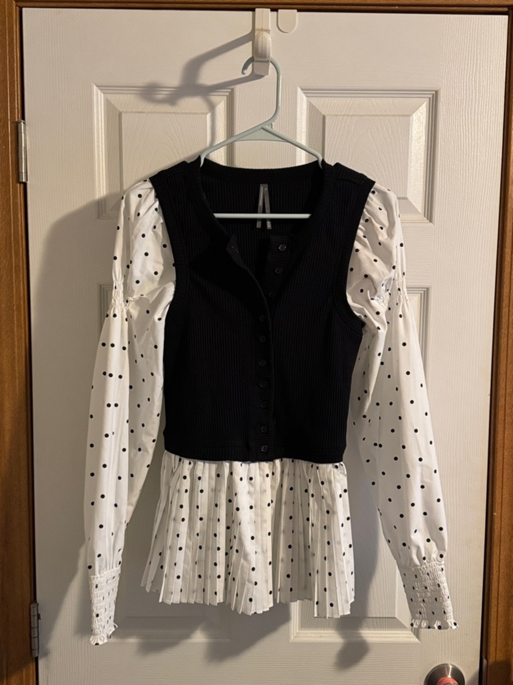 Anthropologie Black Ribbed Vest with White Polka Dot Blouse